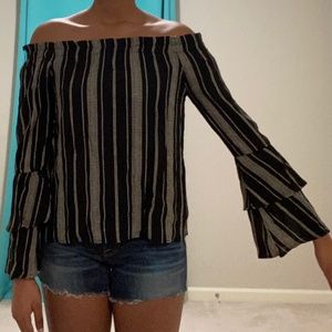 Black Off the Shoulder Flowy Striped Blouse